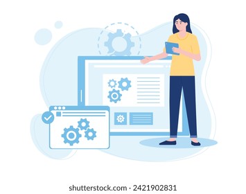 woman looking at the operating system on a website. web maintenance concept trending concept flat illustration