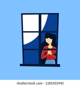 Woman looking out of the closed window with blue frame with white curtains. Vector flat illustration