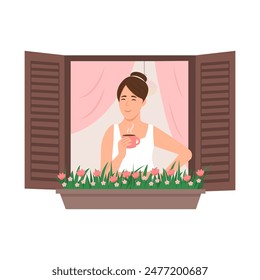 Woman looking out open window, enjoying coffee cup. Girl inhaling fresh air, drinking tea in morning time. Flat vector illustration isolated 