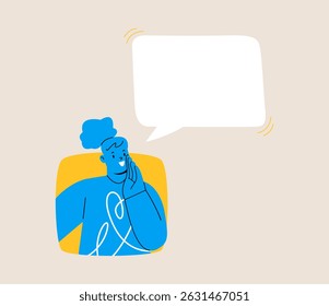 Woman looking out of square window with speech bubbles. Colorful vector illustration 

