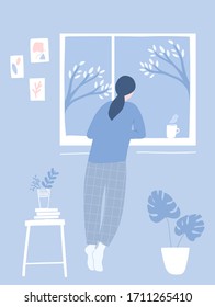 Woman looking out window  Cozy room interior and abstract wall art  flowers stool   monstera plant in pot  Blue flat vector illustration