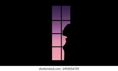 Woman looking out the window, flat color illustration