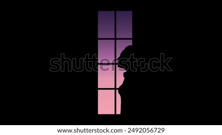 Woman looking out the window, flat color illustration