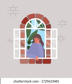 Woman looking out the window from gray house design, stay at home theme vector illustration