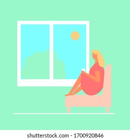 Woman looking out the window and holding a mug with a hot drink. 
Home comfort. Colorful vector illustration