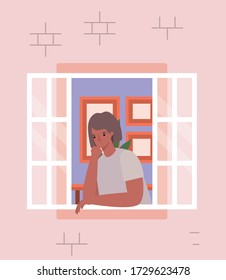 Woman looking out the window from pink house design, stay at home theme vector illustration