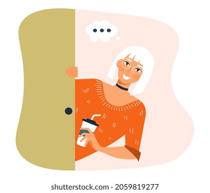 Woman looking outside. Neighbor looks in and asks something, communication. Pretty google with drink in her hand looking inside. Cartoon flat vector illustration isolated on white background