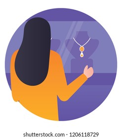 
A woman looking over necklace, Jewellery shopping icon 
