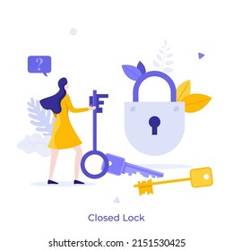 Woman Looking At Padlock And Keys. Concept Of Protected Access, Privacy And Data Protection, Information Security Service, Safeguard Technology. Modern Flat Vector Illustration For Banner, Poster.