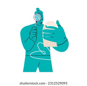 Woman looking at paper through magnifying glass. Document checking. Concept of searching. Colorful vector illustration