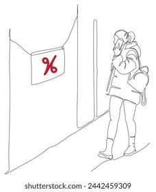 Woman looking at percent sign in shop window. Woman walking on street and talking on phone. Continuous line drawing. Vector illustration in line art style.