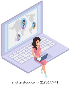 Woman looking for persons profile on social network using laptop computer, video call with business team. Global network connection. Internet communication. International interaction, wireless
