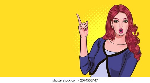 woman looking and point her hand tospace pop art comics style.