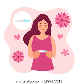 Woman looking at pregnancy test positive result with happiness in flat design. You are pregnant concept vector illustration.