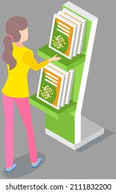 Woman looking at presentation stand with product catalogs. Advertising company, promotion, distribution concept. Female character choosing informative books, magazines. Lady near announcements on rack