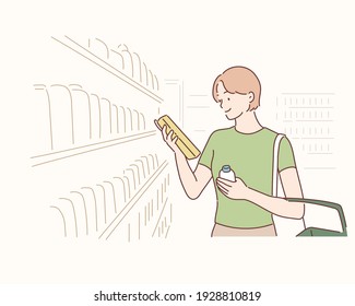 woman looking at product at grocery store. Hand drawn style vector design illustrations.