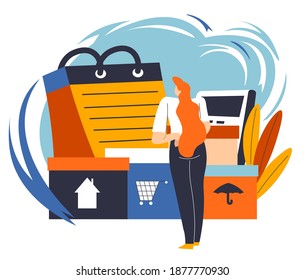 Woman looking and products bought while shopping on savings money. Planning family budget and managing financial assets wisely. Female character with calendar and boxes. Vector in flat style