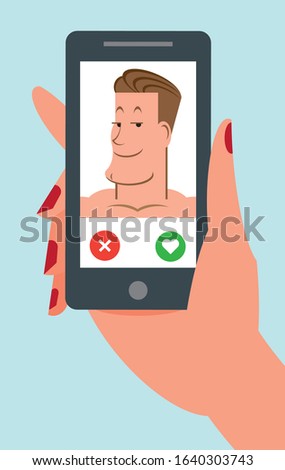 Woman looking at a profile photo of a handsome man on a dating app