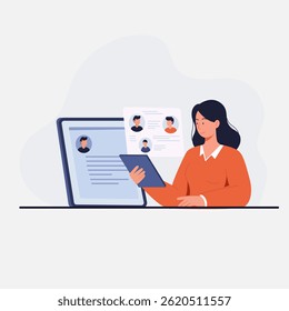 A woman looking at the profiles of her employees with a white background, flat art vector illustration