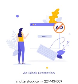 Woman looking at program window and keyboard. Concept of ad blocking browser extension, online advertisement filtering software or application. Modern flat vector illustration for poster, banner.