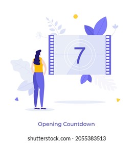 Woman Looking At Retro Motion Picture Opening Countdown On Cinema Screen. Concept Of Beginning Of Movie Or Film, Video Start, Entertainment Project Launch. Modern Flat Colorful Vector Illustration.