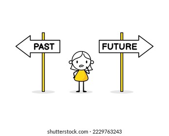 Woman looking at road sign and decide the right way to past or future. Business decision making, crossroads as business strategy choice and future options concept. Vector stock illustration