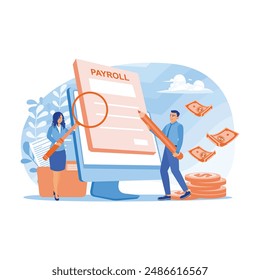 Woman looking at salary document with magnifying glass. Man writes payroll on computer. Payroll concept. Flat vector illustration.