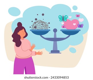 Woman looking scales with positive and negative thoughts on weighing pans. Vector illustration. Balance between achievements and doubts. Confidence scales concept