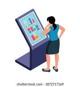 Woman looking at screen of interactive touch screen panel 3d isometric vector illustration