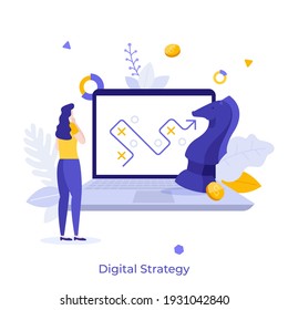 Woman Looking At Screen With Route Indication On Screen And Knight Chess Piece. Concept Of Digital Strategy, Strategic Development Of Startup Project, Business Planning.Modern Flat Vector Illustration