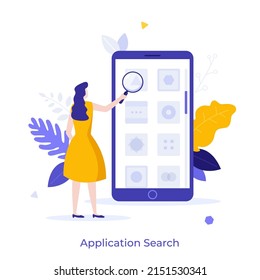 Woman looking at screen of smartphone through magnifying glass. Concept of search for mobile application, finding app for electronic devices. Modern flat vector illustration for banner, poster.