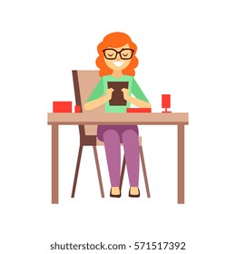 Woman Looking At Screen Of Tablet While Having Lunch, Person Being Online All The Time Obsessed With Gadget