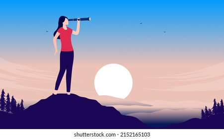 Woman looking and searching for career opportunities - Female person with binocular on hilltop in nature landscape. Vector illustration with copy space for text.