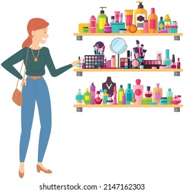 Woman looking at shelf with different female accessories and perfumes. Lady choosing cosmetics and perfumery in store. Accessories for modern women, beauty, skin care products, perfume stand