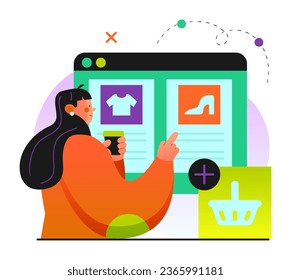 a woman is looking at a shopping cart on a computer screen