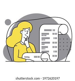 Woman looking at shopping receipt. Total Price of goods in Payment check. Buying financial invoice bill purchasing calculate pay vector isolated. Business success concept. Modern flat illustratration.