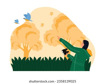 Woman looking at small bird flying, carrying binoculars, bird watching vector illustration.