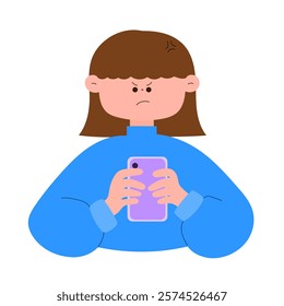 woman looking at smartphone with angry face flat vector illustration