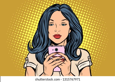 woman looking at smartphone. Pop art retro vector illustration vintage kitsch