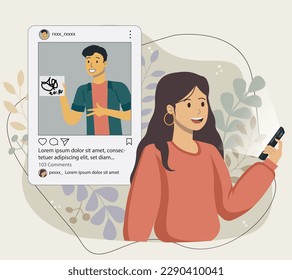 Woman looking at social media post on her phone. The post show the picture of her friend.