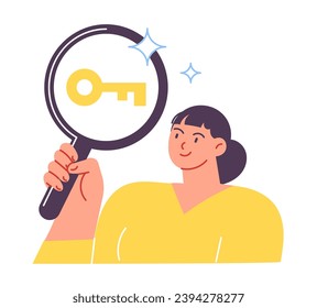 Woman looking for solution, magnifying glass in her hand she looks at key