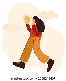 Una mujer está buscando una solución a un problema, sosteniendo una bombilla en su mano como símbolo de ideas brillantes y logrando sus objetivos. El concepto de negocios, encontrar ideas, entender. Vector