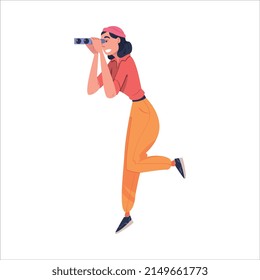 Woman Looking at Something Interesting in Binoculars Vector Illustration