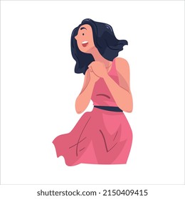 Woman Looking at Something Interesting Clenching Hands Together Vector Illustration