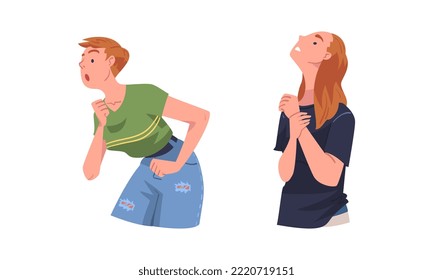 Woman Looking at Something Interesting Raising Head Up and Gasping Vector Set