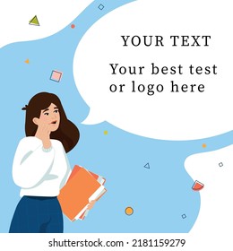 Woman looking up to speech bubble with empty space for text. Girl speack. Holding a paper folders. Office worker
