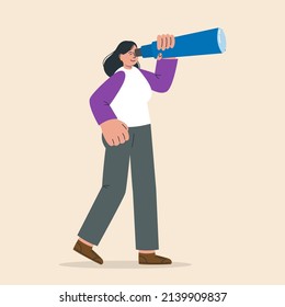 Woman looking the spyglass. Concept of searching for opportunities, decisions, new business ideas. Vector illustration