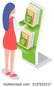 Woman Looking At Stand With Books, Brochures. Advertising Company, Promotion, Distribution Concept. Female Choosing Product Catalogs, Magazines. Lady Near Journal, Literature Exhibition On Rack