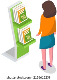 Woman Looking At Stand With Books, Brochures. Advertising Company, Promotion, Distribution Concept. Female Choosing Product Catalogs, Magazines. Lady Near Journal, Literature Exhibition On Rack