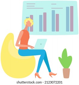 Woman looking at statistics diagram. Businesswoman analysing report with statistical indicators. Girl examines results of analysis. Personal investment, finance, funding, capital accumulation concept